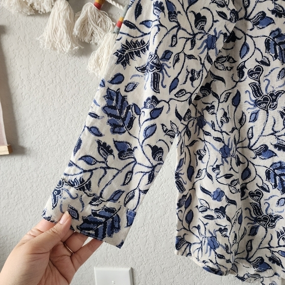 Rachel Zoe 100% Linen Button Up Paisley Floral Peasant Tunic Top Blue Lagenlook - Picture 6 of 12